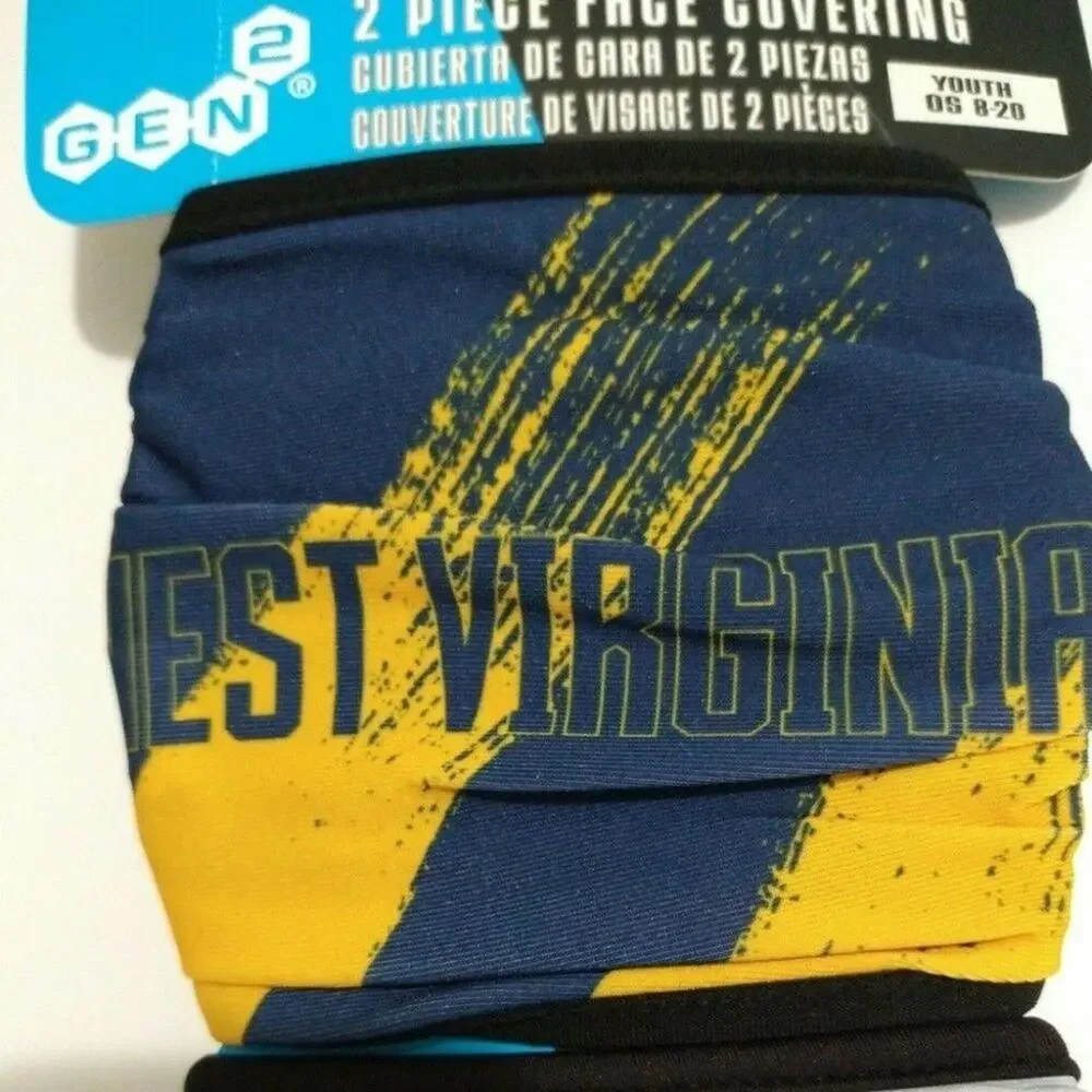 West Virginia University 2pc Fabric Face Cover Face Mask Blue & Gold Youth 8-20